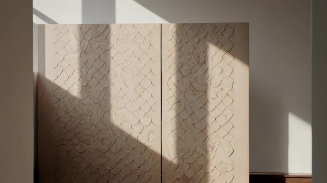 Textured, patterned cabinet doors with fish-scale design; lit with sunlight and shadows