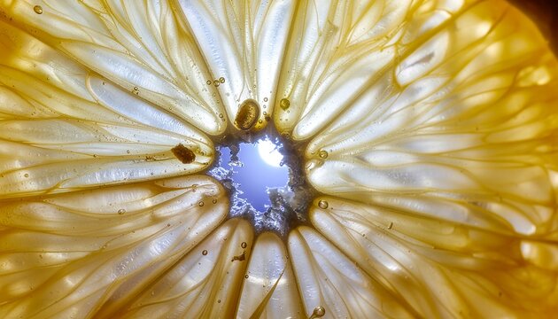 Macro of orange or lemon slice with backlight showing translucent pulp and water droplets, fresh citrus fruit and healthy food concept.