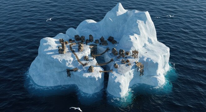 Remote settlement constructed atop a massive floating block of ice surrounded by deep blue ocean water