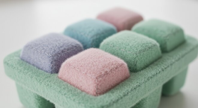 Six soft, square objects rest within a molded, fuzzy container in pastel colors