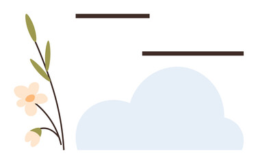 Soft pastel flower with leaves next to a blue cloud and minimal lines. Ideal for nature, relaxation, mindfulness, simplicity, decoration, design, or wellness. Flat simple metaphor