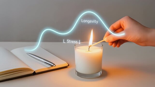 Candle lighting by hand beside notebook and pen with match flame for wellness longevity reducing stress promoting calm focus in minimalist desk scene