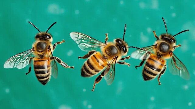 Three honey bees in flight against a teal background with small white bokeh dots scattered around them bee green screen video