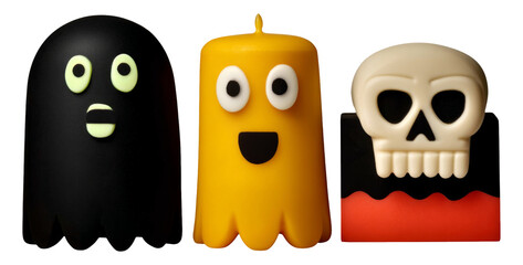 Colorful Halloween Characters with Ghost, Candle, and Skull Design Isolated on Transparent Background