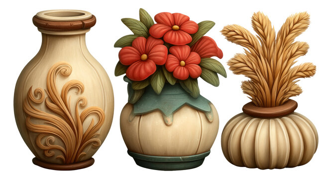 Fototapeta Decorative Vases with Flowers and Foliage on Isolated Transparent Background