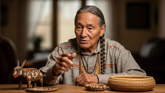Elderly Native American man with long grey braids and traditional patterned shirt, seated at a wooden table with cultural artifacts, sharing wisdom.