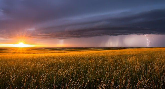 Dramatic sunset over a golden field with a distant thunderstorm and lightning strikes.