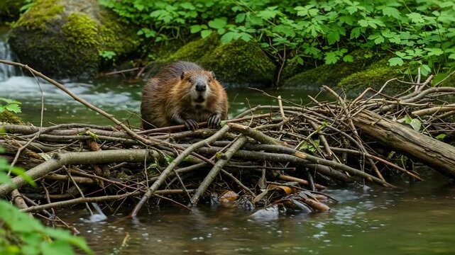 Wild beaver building nest in lush green forest stream nature scene