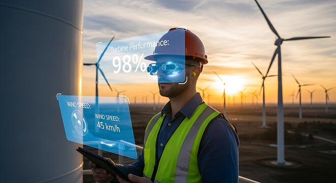 Engineer using augmented reality to monitor wind turbine performance at a renewable energy farm during sunset. - Powered by Adobe