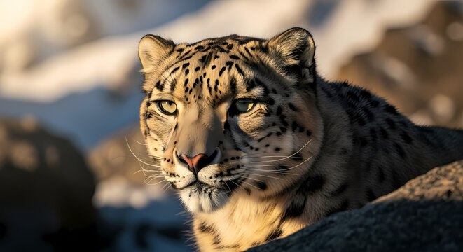 Close-up of a snow leopard resting on rocks, illuminated by golden sunlight, showcasing its patterned fur and intense gaze.