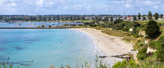 Panoramic scenic view of Portland, Victoria, Australia, featuring Nuns beach, turquoise water,...