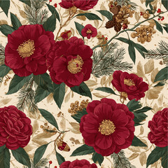 Red Camellia Holiday Botanical Pattern on Ivory Background