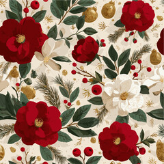 Christmas Camellia and Magnolia Pattern with Golden Ornaments