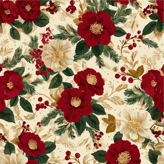 Red and Cream Camellia Floral Pattern with Golden Accents
