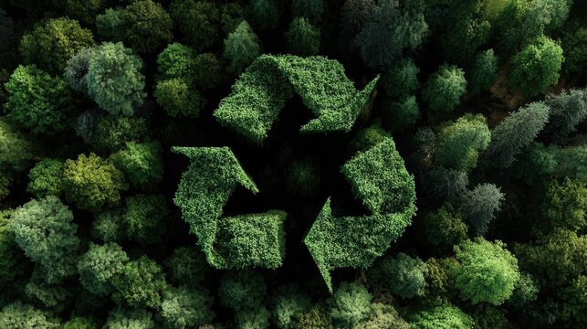 Aerial View of Forest with Recycle Symbol - Environmental Conservation and Sustainability Concept
