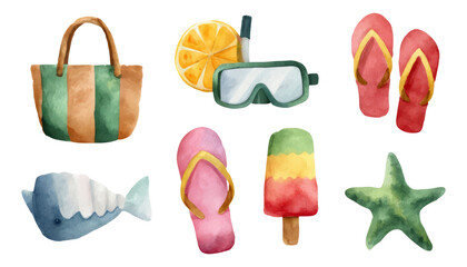 Colorful Watercolor Summer Vacation Elements with Various Objects and Designs