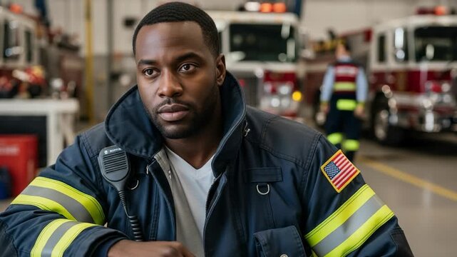 Serious young adult Black male firefighter in uniform with American flag patch and radio, standing in a fire station with fire trucks in the background.