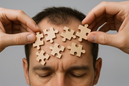Solving a Mental Puzzle: Man Assembling Jigsaw Pieces on Forehead Depicting Solution Finding and Cognitive Function - Powered by Adobe