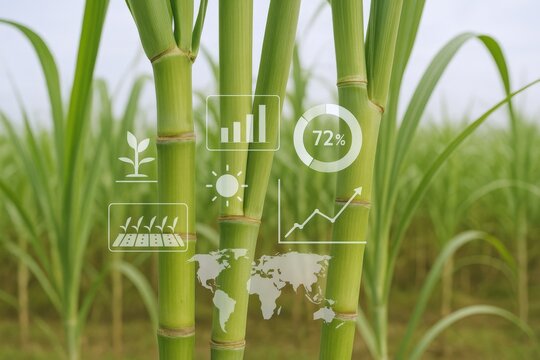 Sugarcane plantation with modern agricultural technology overlay showing data analytics and growth metrics in a green field