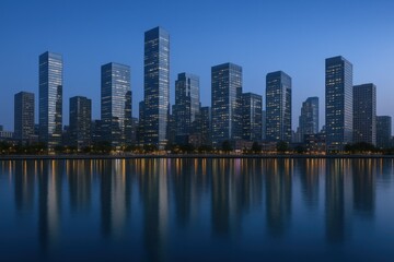 Obraz premium Cityscape Reflection at Dusk: Modern Skyline with Towering Skyscrapers and Calm Water