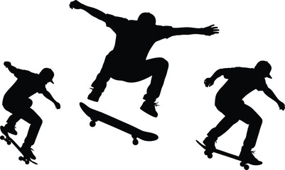Silhouette of skateboarder performing tricks in motion, extreme sport jump, street skating action, youth lifestyle and urban energy vector illustration