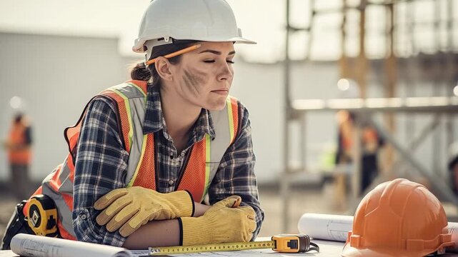 Focused young adult female construction worker with dirty face leaning on blueprints at a busy building site