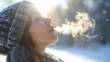 Winter's Embrace: A serene woman exhales a wisp of breath into the crisp winter air, creating a cloud of condensation against a backdrop of snow and sunlight.