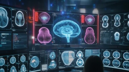 AI system analyzing medical scans in dark control room, holographic brain scans rotating with anomaly detection highlights, data particles flowing into neural network visualization - Powered by Adobe