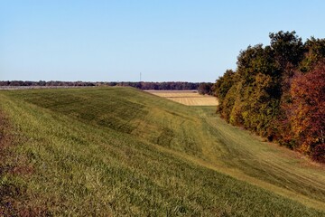 Rolling Green Hill Beside Autumn Trees and Farmland Under Clear Blue Sky