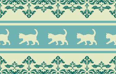 Vector seamless pattern with cat silhouettes and tribal geometric motifs. Monochrome design. Use this pattern for creating pet themed designs, textile prints, packaging, and more. Perfect for cat love