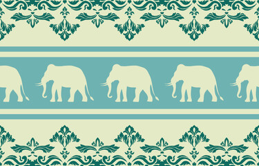 Elephant pattern. Seamless. White stripes, blue background. Ethnicity. Floral patterns, printed fabrics, pants, Lanna.	