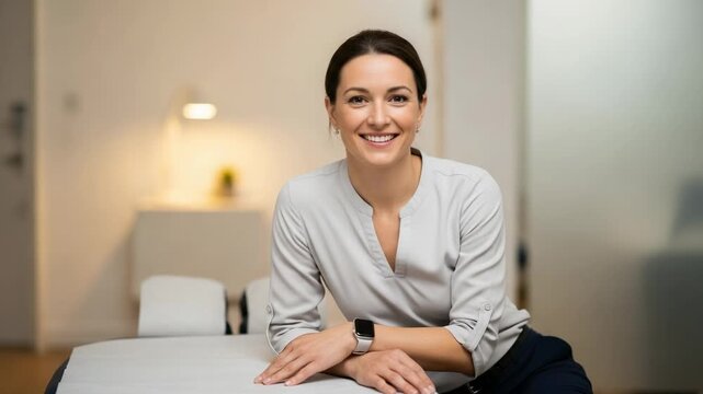 Smiling young adult female healthcare professional, possibly a physiotherapist or doctor, leaning on an examination table in a bright, modern clinic or medical office.