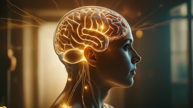 Transparent human head revealing brain activity during non-invasive stimulation treatment, light patterns dancing across cortex emotional healing journey, medical breakthrough moment captured