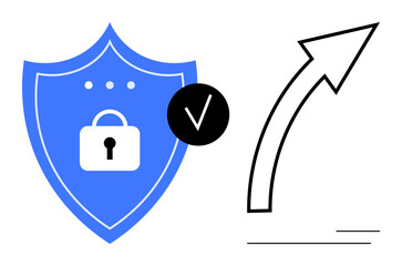 Blue shield with a lock, checkmark, and upward arrow symbolizing security, growth, and success. Ideal for cybersecurity, data protection, strategy trust development finance branding. Simple flat