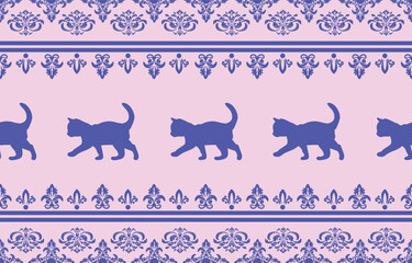 Vector seamless pattern with cat silhouettes and tribal geometric motifs. Monochrome design. Use this pattern for creating pet themed designs, textile prints, packaging, and more. Perfect for cat love