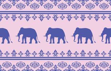 Elephant pattern. Seamless. White stripes, blue background. Ethnicity. Floral patterns, printed fabrics, pants, Lanna.	