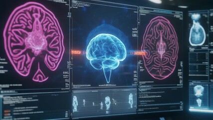 AI system analyzing medical scans in dark control room, holographic brain scans rotating with anomaly detection highlights, data particles flowing into neural network visualization - Powered by Adobe