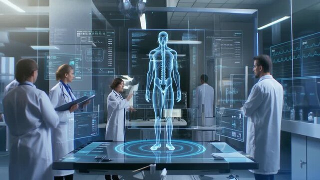 medical diagnosis room with 3D holographic patient anatomy floating in center, doctors interacting with transparent touchscreens, data streams flowing around, futuristic hospital aesthetic