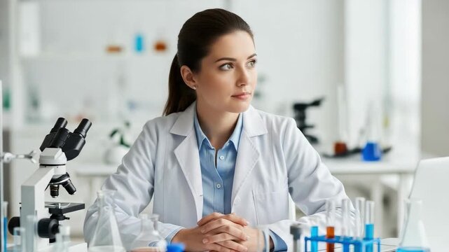 Young adult female scientist in a white lab coat looking thoughtfully away while sitting at a desk in a bright modern laboratory with scientific equipment - Powered by Adobe