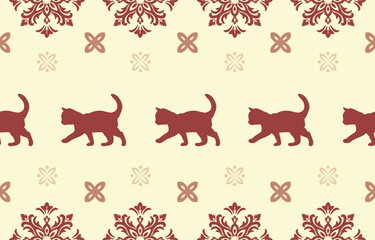 Vector seamless pattern with cat silhouettes and tribal geometric motifs. Monochrome design. Use this pattern for creating pet themed designs, textile prints, packaging, and more. Perfect for cat love
