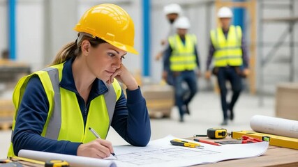Focused young adult female engineer reviewing blueprints on a construction site, wearing a hard hat and safety vest, with tools on the table. - Powered by Adobe