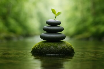 Obraz premium Zen Stones Balanced with a Green Sprout in Water, Symbolizing Growth, Harmony, and Tranquility