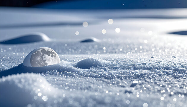 Frozen World within bubble: A close-up shot of a bubble half-buried in pristine snow, shimmering and encapsulating a miniature landscape of a frosty realm.