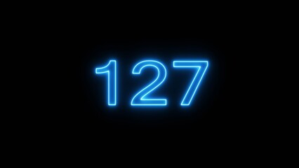 Neon 127 number text icon illustration. Neon counting number.