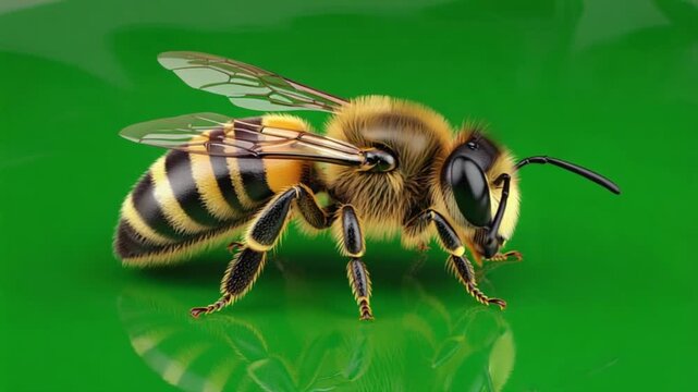 Close up of a bee with black and yellow stripes on a green reflective surface studio shot image bee green screen video
