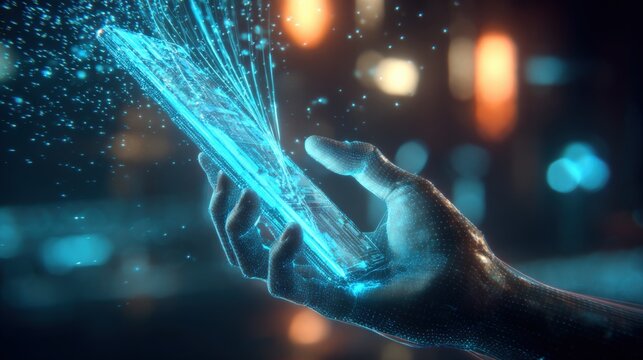 Hand Holding a Glowing Futuristic Smartphone Displaying Abstract Data Streams and Connection, High Tech Technology
