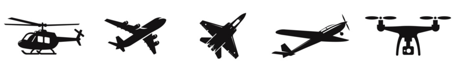 Black aircraft silhouette icons, including a helicopter, various stylized airplanes, a propeller plane, and a drone for use as design elements in aviation or technology focused digital media posts. © Vector Jungle