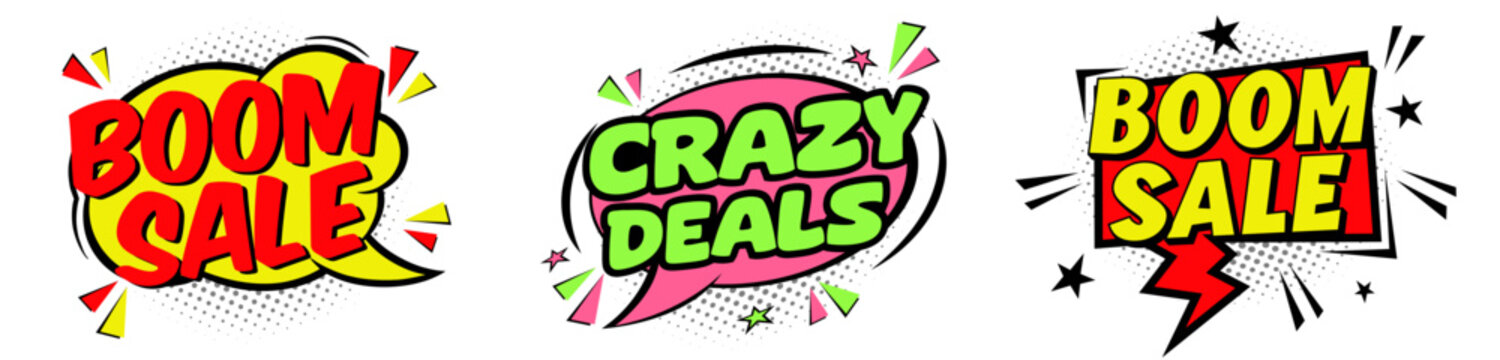 Collection of three comic style sale labels, featuring bold typography reading Boom Sale and Crazy Deals inside speech bubbles for use in digital media posts and commercial web banner promotions.