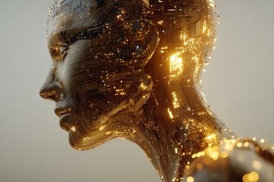 Futuristic Humanoid Robot Profile: Golden Artificial Intelligence with Circuitry and Advanced Technology Illustration - Powered by Adobe