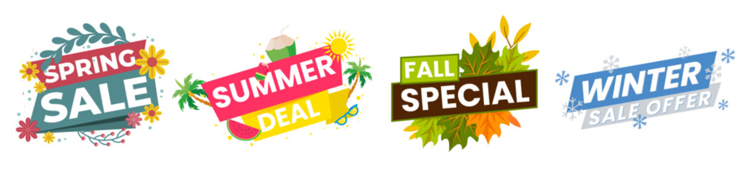 Vector collection of seasonal banners featuring spring, summer, fall, and winter sale designs with decorative leaves, flowers, and festive elements for digital media posts and holiday promotions.